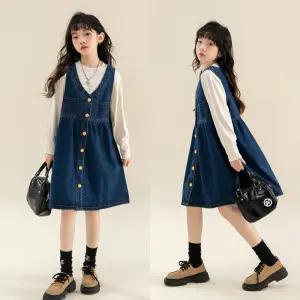 여아 주니어 샤베트 진청 멜빵 치마 봄가을 상하세