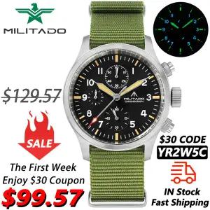 호환 Militado New ML1868KF 쿼츠 시계 VK67 크로노 그래프 무브먼트 축광 시계 사파이어 100m 방수 손목