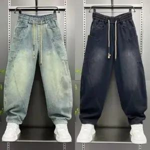 배기핏 일자 아템 배기 청바지 워싱 구제 커브 하이웨스트 편한 진 팬츠 남성용 캐주얼 빈티지 스포M1