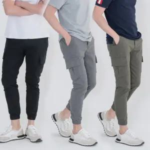 여름 린넨 남자 카고 조거 팬츠 시원한 남성 마 바지 아이스 스판 밴딩