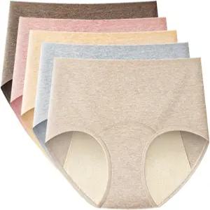 CJSGY 여성 요실금 보호 브 하이웨이스트 속옷 재사용 가능한 면 팬티 세탁 가능 5Pcs