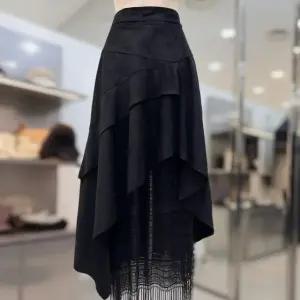 레이스 배색 인조 스웨이드 스커트