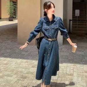 여성 블루 긴팔 셔츠 원피스 허리조임 롱 데님 원피스