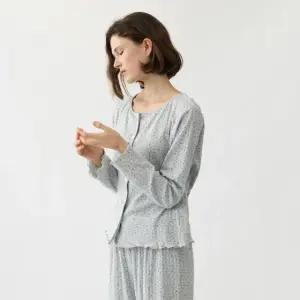 비쥬 플라워 여성 잠옷 세트 홈웨어 파자마 긴팔 긴바지