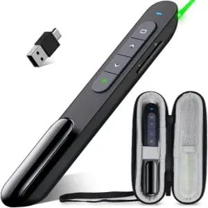 DiinoFire USB 충전식 RF 2.4GHz 녹색 조명 프레젠테이션 리모컨 파워포인트 클리커 무선