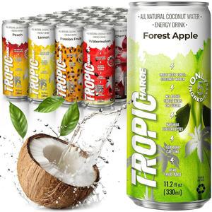 과라나 추출물이 함유된 트로피차지 100% 코코넛 워터 에너지 음료 (24팩 330ml / 6가지 맛) - 무감미료 또는 첨가 설탕 - 올 내추럴 - 패션 프루트, 포레스트 , 레드 체리, 레몬, 복숭아, 수박