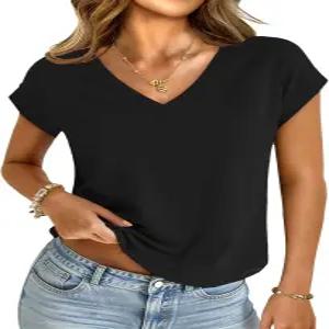 UNCLOCAT 여성 크롭탑 브이넥 캡 슬리브 티셔츠 여름 베이직 루즈핏 반팔 티 귀여운 트렌디한 옷