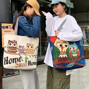 부엉이 에코백 빅사이즈 행운 재물운 캔버스 가방  숄더백 튼튼한 캔버스백 넉넉한 수납