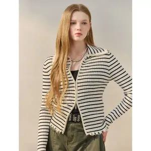 [하프클럽/]빈티지 데미지 스트라이프 하이넥 니트 집업