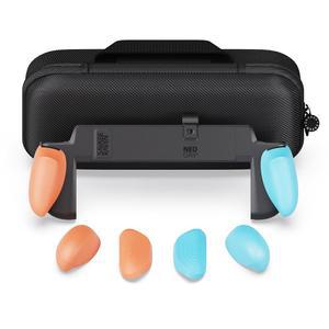 Savage Raven by Skull & Co. NeoGrip 번들: 교체 가능한 그립이 있는 인체공학적 그립 하드 쉘 [모든 손 크기에 맞게] 맥캐리 휴대용 케이스 포함 닌텐도 스위치 2용 - 네온 블루 레드