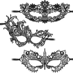 여성용 프누크즈 3 PCS 마스크 블랙 레이스 마디 그라 남성용 드레스 볼 코스튬 파티용 베네치아