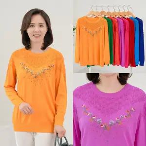 엄마옷 마미소 자수 보석 라운드 니트 티셔츠 레이스 큐빅 봄 할머니 빅사이즈 40 70 마담 중년 여성 옷