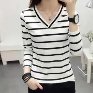 [JED] 티셔츠 니트티 간절기 브이넥 긴팔 스트라이프 니트 슬림핏 여성 중년