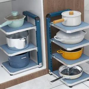 싱크대 선반 주방용 냄비 수납 주방 선반 정리 프라이팬 수납장 다용도 받침대 각도 높이 틈새 코너 조절