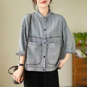 청 여성용 빈티지 가을 재킷 카고풍 와펜복고 코트 스몰카라 워싱 숏 ST3