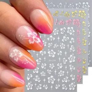 히비스커스 꽃 네일 아트 스티커 3D 화이트 핑크 데칼 Y2K 골드 실버 꽃잎 DIY 로맨틱 셀프 접착 매니큐어