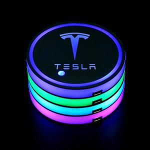 2개 7가지 색상 자동차 LED 발광 물컵 패드 코스터 매트 테슬라 호환 모델 Y 3 X 액세서리