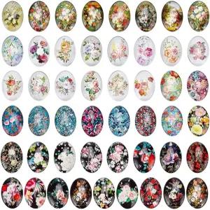 PH PandaHall 50pcs 타원형 유리 카보숑 25x18mm 플라워 프린트 빈티지 혼합 색상 모자이크 타일 공예 사진