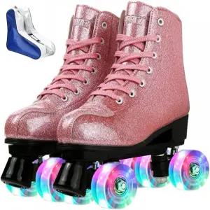 여성용 XUDREZ 롤러스케이트 남성용 반짝이는 PU 가죽 하이탑 초보자용 클래식 더블 로우 실내용 야외