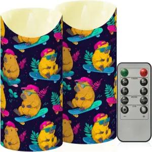 알라자 카피바라 스케이트보드 패턴 원격 타이머 LED 깜빡임 배터리로 작동하는 전동 필러 티 라이트 캔들