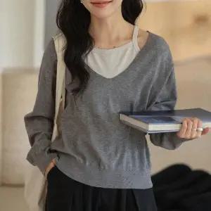 [옷자락]여자 봄 가을 데일리 루즈핏 레이어드 브이넥 니트