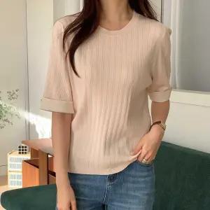 [옷자락]여자 골지 라운드넥 컷팅 배색롤업 반팔 봄상의 니트