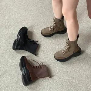 [옷자락]여자 니트 발목 레이스업 통굽 워커 앵클부츠