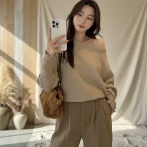 [옷자락]여성 루즈핏 크롭 니트 오프숄더 긴팔 상의