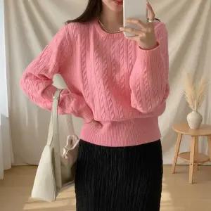 [옷자락]여성 빨간 라운드넥 꽈배기 긴팔 니트 7컬러 데일리