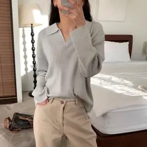 [옷자락]여성 일상용 봄 오픈카라 골지 긴팔 티셔츠 박스핏 울 니트