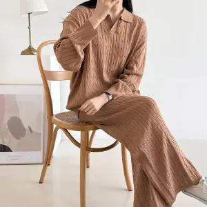 [옷자락]여자 꽈배기 오픈카라 긴팔니트 맥시 와이드팬츠 세트