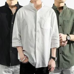 [아이에스이랩]남자 7부 차이나카라 린넨 셔츠 헨리넥 남방 I2SH018