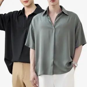 [아이에스이랩]오버핏 반오픈 헨리넥 반팔 카라 셔츠 3컬러 I2SH019