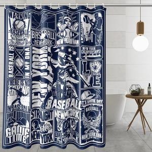 KLFELK 욕실용 뉴욕 야구 샤워 커튼, 12개의 후크가 달린 블루 팀 컬러 욕실 장식 세트, 남성 위한 상품 선물 60