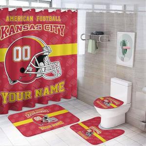 캔자스시티 스타일 축구 샤워 커튼 4세트, 이름 및 번호 욕실 장식 세트, 바닥 매트, 화장실 커버 U-매트, 12 , 72인치 x72인치
