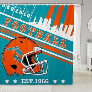 스포츠 팬을 위한 스브리달 샤워 커튼 축구 시티 패브릭 커튼, 헬멧 럭비 장식 욕실 세트 시즌 액세서리 72인치 Wx72