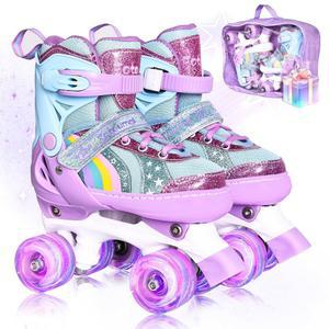 롤러 스케이트 - 사이즈 4 조절 가능 | 3-12세 남녀 초보자를 위한 라이트 업 쿼드