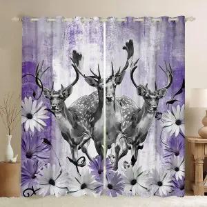엘크 디어 암막 커튼 데이지 꽃 드레이프 소박한 홈 데코 보라색 그래피티 옴브레 아트 우드랜드 야생동물