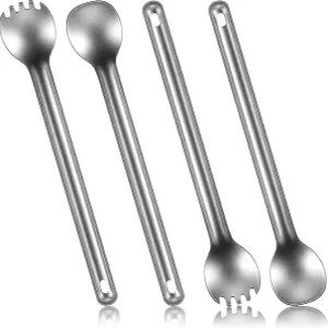 미나티 4피스 티타늄 롱핸들 스팍 및 스푼 8.4인치 초경량 휴대용 플랫웨어 수프 캠핑 도구 야외 배낭 여행