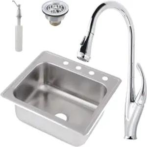웨스트브라스 S2548S-26 스테인리스 스틸 싱글 볼 주방 싱크대 세트 포함 폴리싱 크롬 수도꼭지 바구니