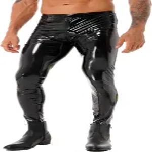 ACSUS 남성용 반짝이는 메탈릭 인조 가죽 모터 바이커 타이트 팬츠 지퍼 파우치 긴 바지