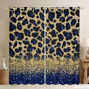 블루 치타 프린트 암막 커튼 골드 스팽글 드레이프 2 패널 38인치 Wx45 L 야생 동물 가죽 레오파드 거실용