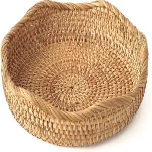 히토멘 수제 라탄 빵 바구니 원형 위커 과일 서빙 보관 그릇 천연 직조 장식 주방 카운터 정리 (허니