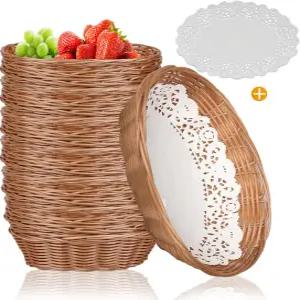 이머렌 12개 타원형 소형 플라스틱 빵 바구니 2.36x9x6.4인치 직조 식품 보관 과일 선물 블로팅 시트 포함