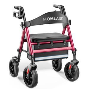 시트가 있는 시니어용 홈랜드 롤레이터 워커, 8인치 올터레인 휠, 내구성 알루미늄 프레임, 인체공학적 경량 접이식 높이 조절 가능한 롤링 워커