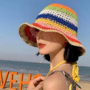 [패션] 에쁜 레인보우 색감 햇빛 차단 휴가 밀짚 여자 버킷햇
