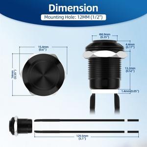 호환 6PCS 12mm 순간 푸시 버튼 스위치 12V 검정색 방수 2 핀 사전 배선 자동차용 평상시 열림