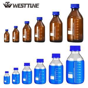WESTTUNE 1Pcs 25-1000ml 실험실 브라운/클리어 졸업 라운드 시약 병 파란색 GL45 스크류 캡이있는 유리 미