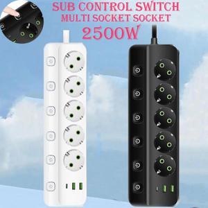 EU 플러그 전기 소켓 3/5 AC 콘센트 + 2 USB 1 타입 C 8-in-1 어댑터 멀티탭 고속 충전 파워 스트립 (2M 연