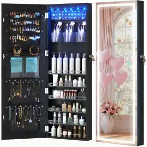 LVSOMT LED 미러 주얼리 캐비닛 조명이 있는 벽/도어 마운트 무기고 정리함 수납장이 전신 거울 문 위에